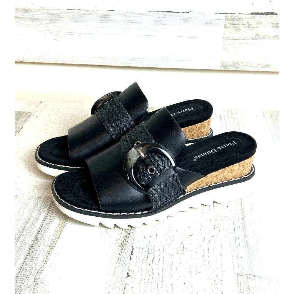 Pierre Dumas Womens 7 Black Leather Suede Buckle Platform Wedge Slip On Sandals